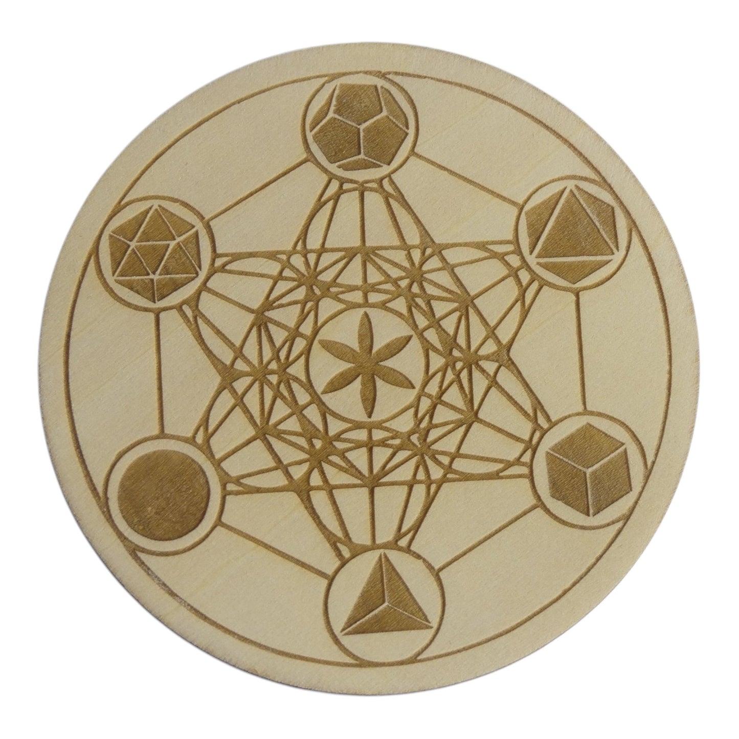 Metatron et symbole de platon plaque de rechargement fleur de vie , ésotérisme , symbole sacrés, bien être lithothérapie fabrication francaise et artisanale en gravure et découpe laser