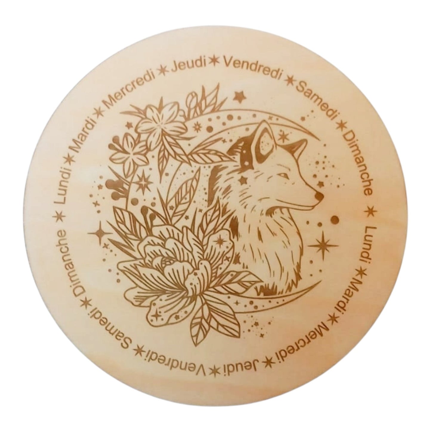 Planche à pendule Loup rechargement fleur de vie , ésotérisme , symbole sacrés, bien être lithothérapie fabrication francaise et artisanale en gravure et découpe laser