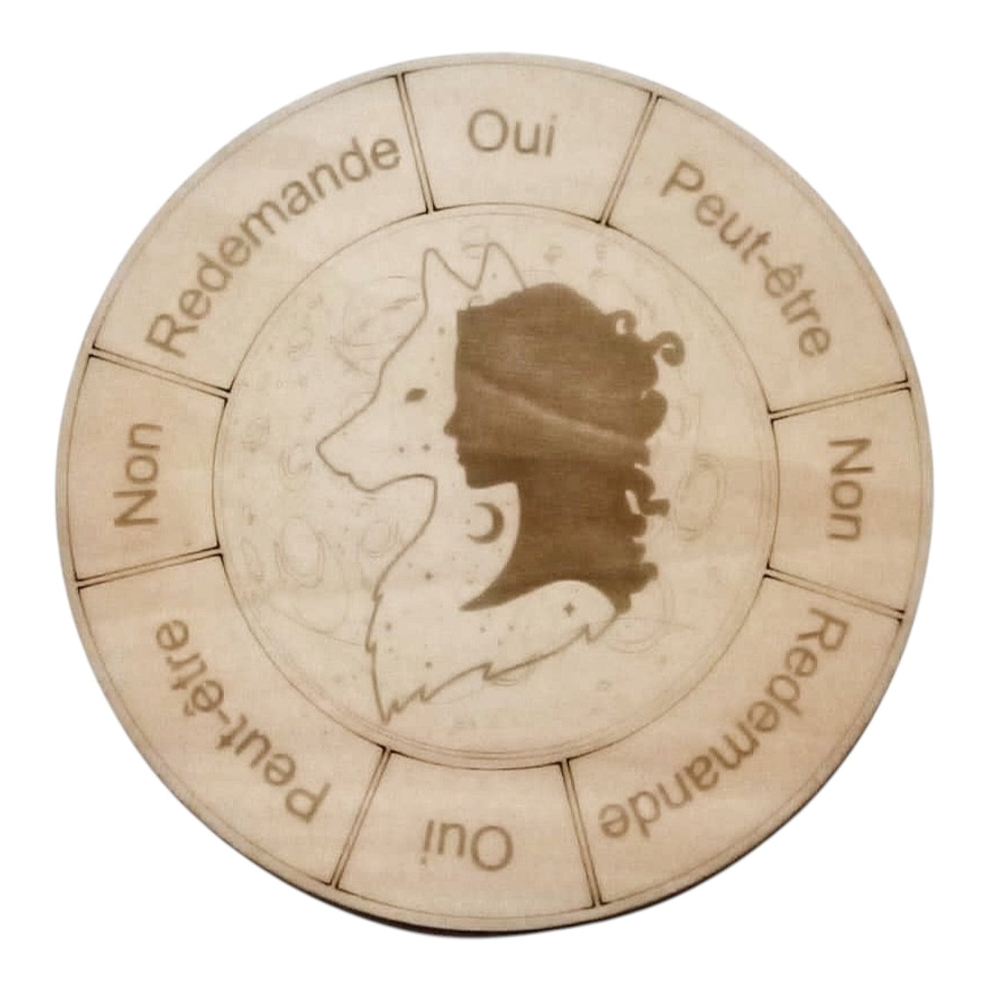Planche à Pendule Femme/Loup rechargement fleur de vie , ésotérisme , symbole sacrés, bien être lithothérapie fabrication francaise et artisanale en gravure et découpe laser