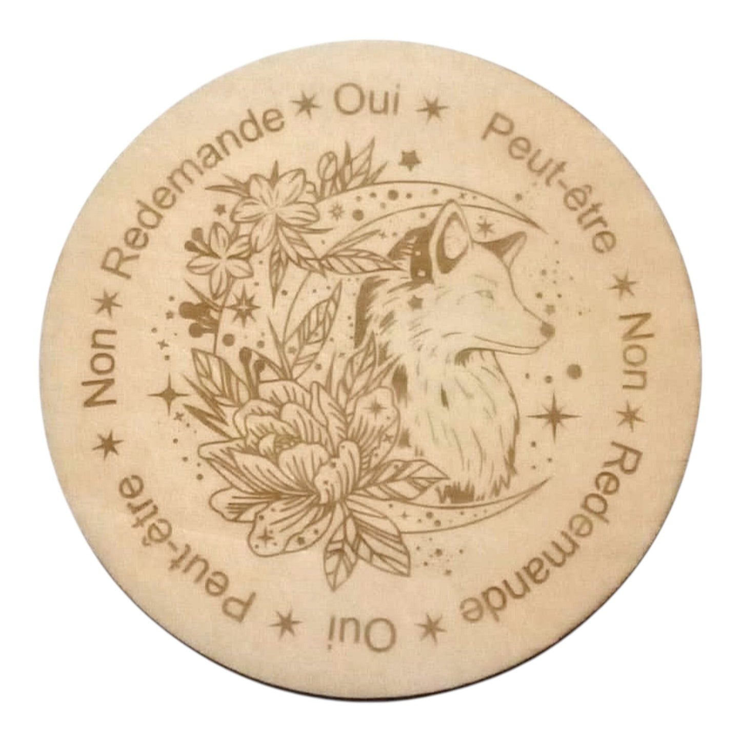 planche à pendule loup rechargement fleur de vie , ésotérisme , symbole sacrés, bien être lithothérapie fabrication francaise et artisanale en gravure et découpe laser