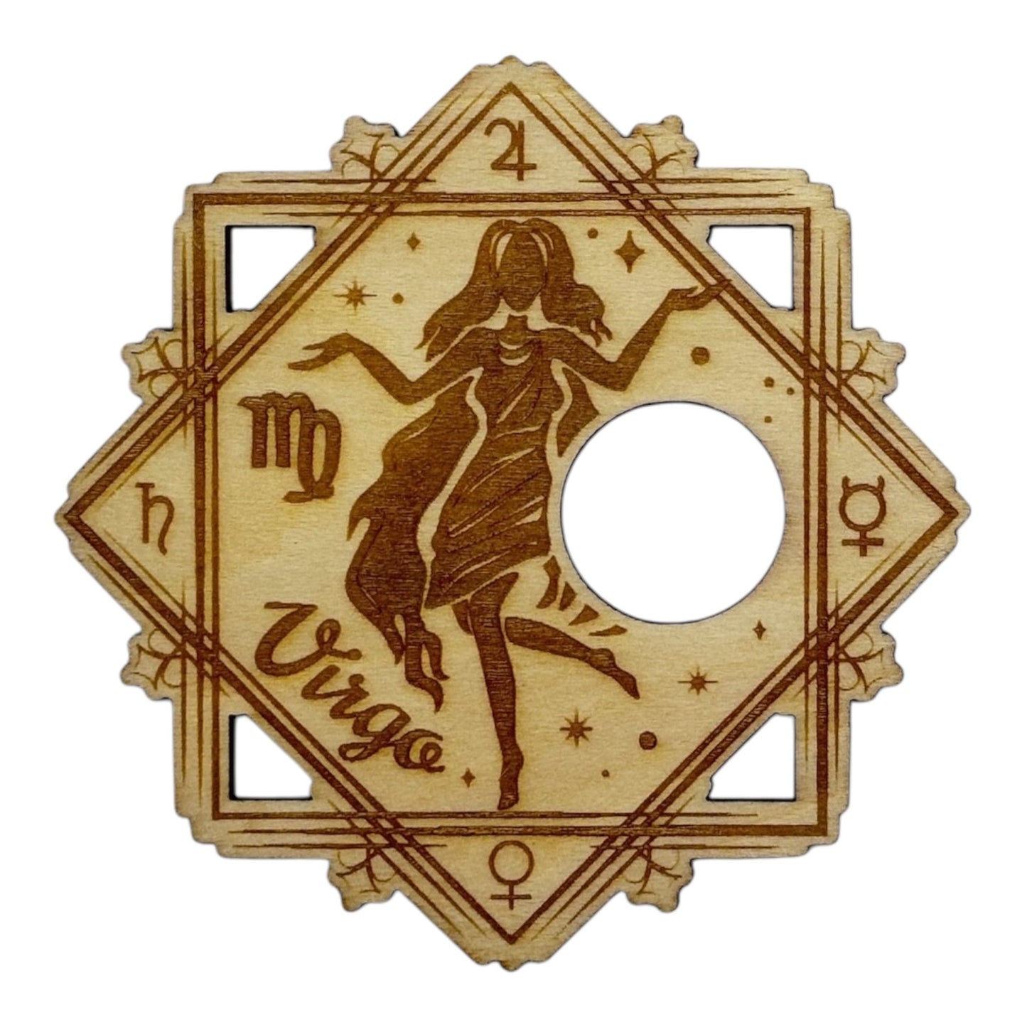 Support à pierre en bois, signe du zodiaque vierge, grossiste en lithothérapie et ésotérisme , fabrication française et artisanale , inspiration zen et bien-être