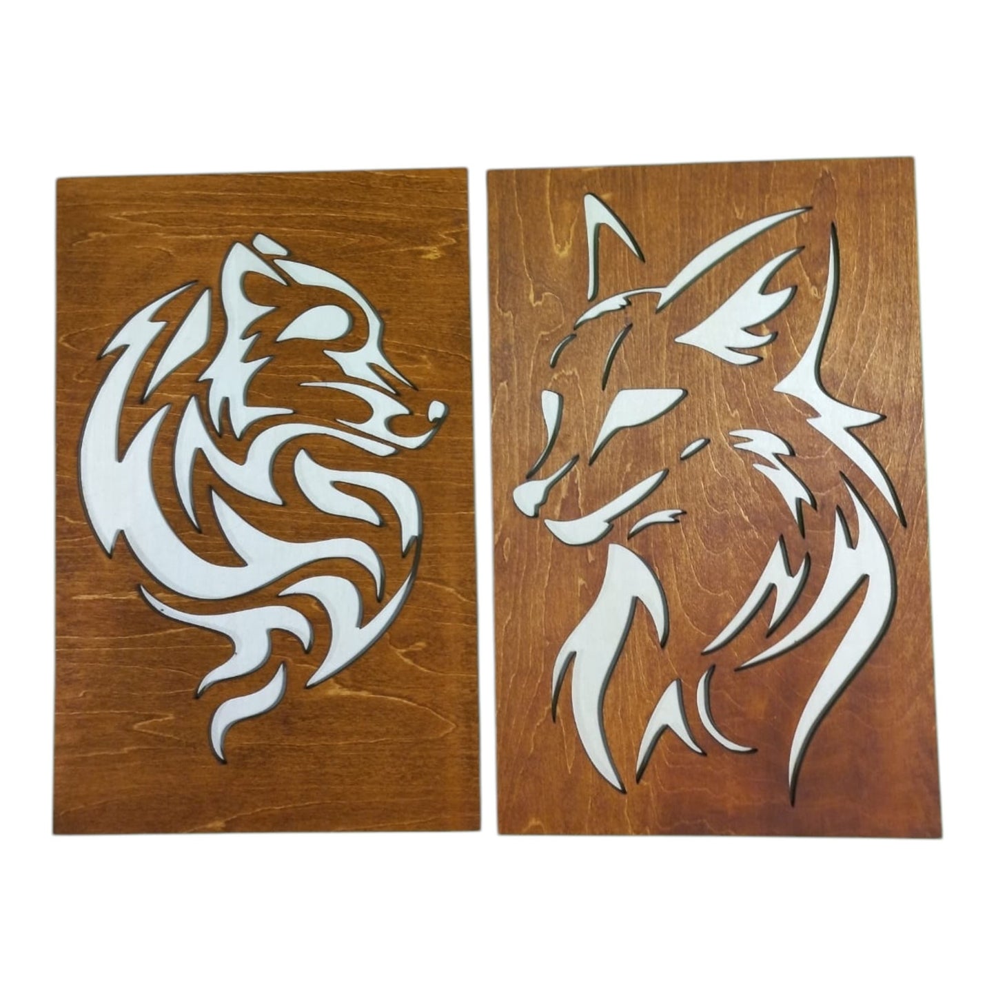 Tableau Duo de renard en bois , grossiste e lithothérapie et ésotérisme , inspiration zen et bien-être fabrication française et artisanale