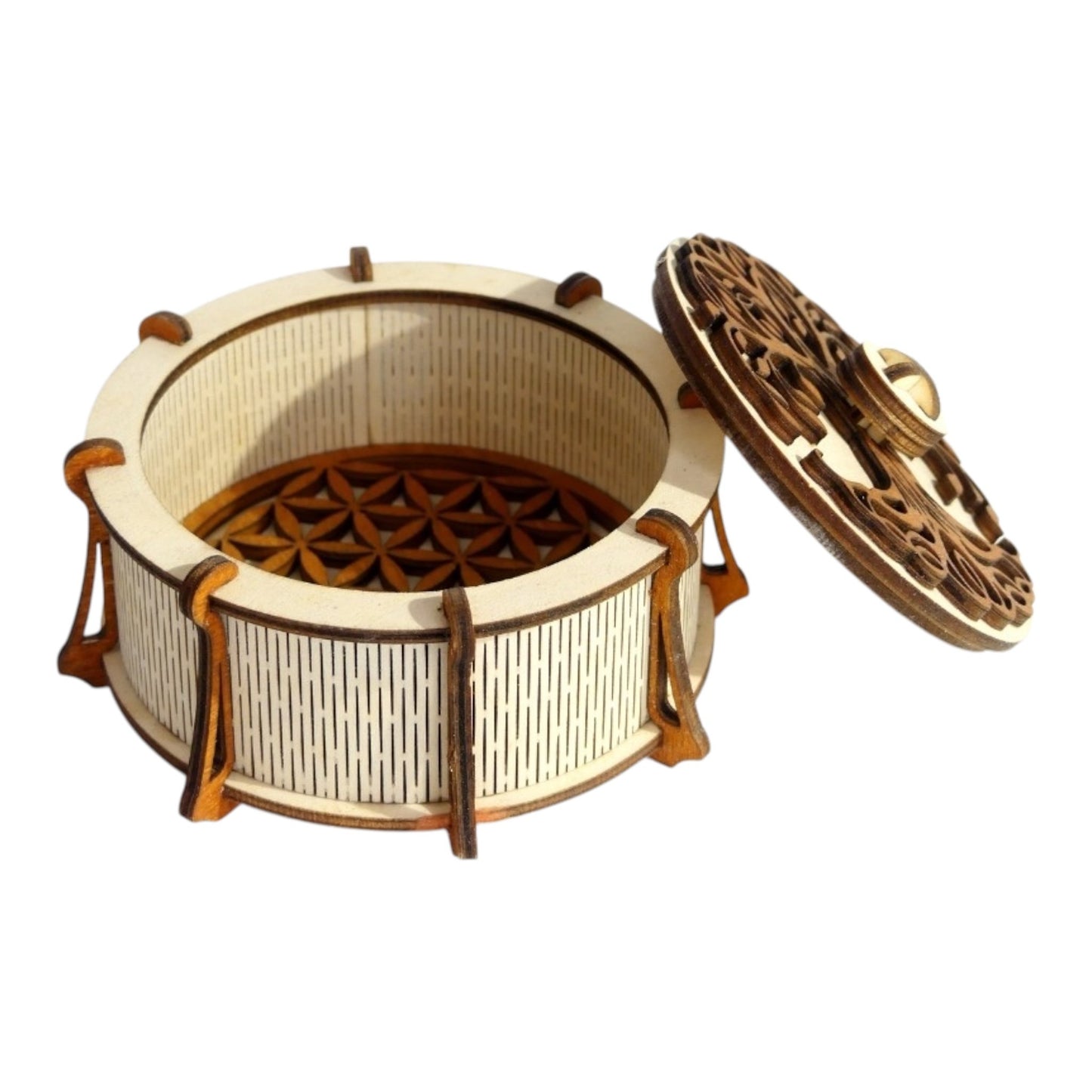 Boite ronde en bois avec fleur de vie, rossiste en lithothérapie et ésotérisme d'inspiration zen et bien être fabrication française et artisanale