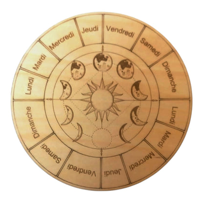 Planche à pendule phase de la lune  rechargement fleur de vie , ésotérisme , symbole sacrés, bien être lithothérapie fabrication francaise et artisanale  en gravure et découpe laser 