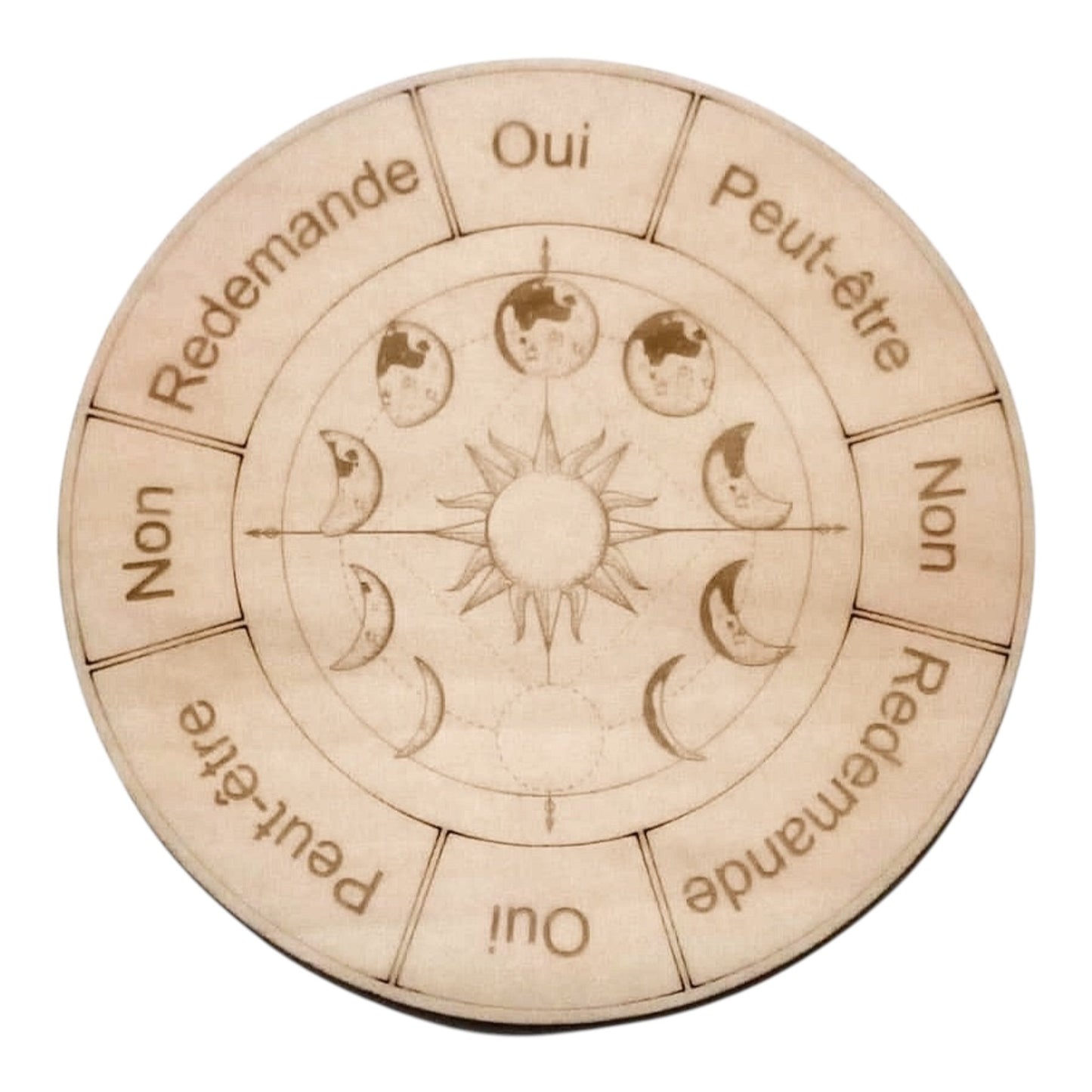 Planche à pendule phase de la lune rechargement fleur de vie , ésotérisme , symbole sacrés, bien être lithothérapie fabrication francaise et artisanale  en gravure et découpe laser 