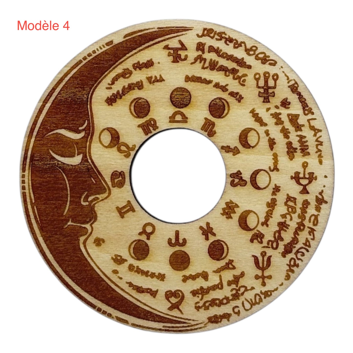 Support à pierre en bois avec phases de la lunes et signes du zodiaque, fabrication française et artisanale d'inspiration zen et bien-être , grossiste en lithothérapie et ésotérisme 