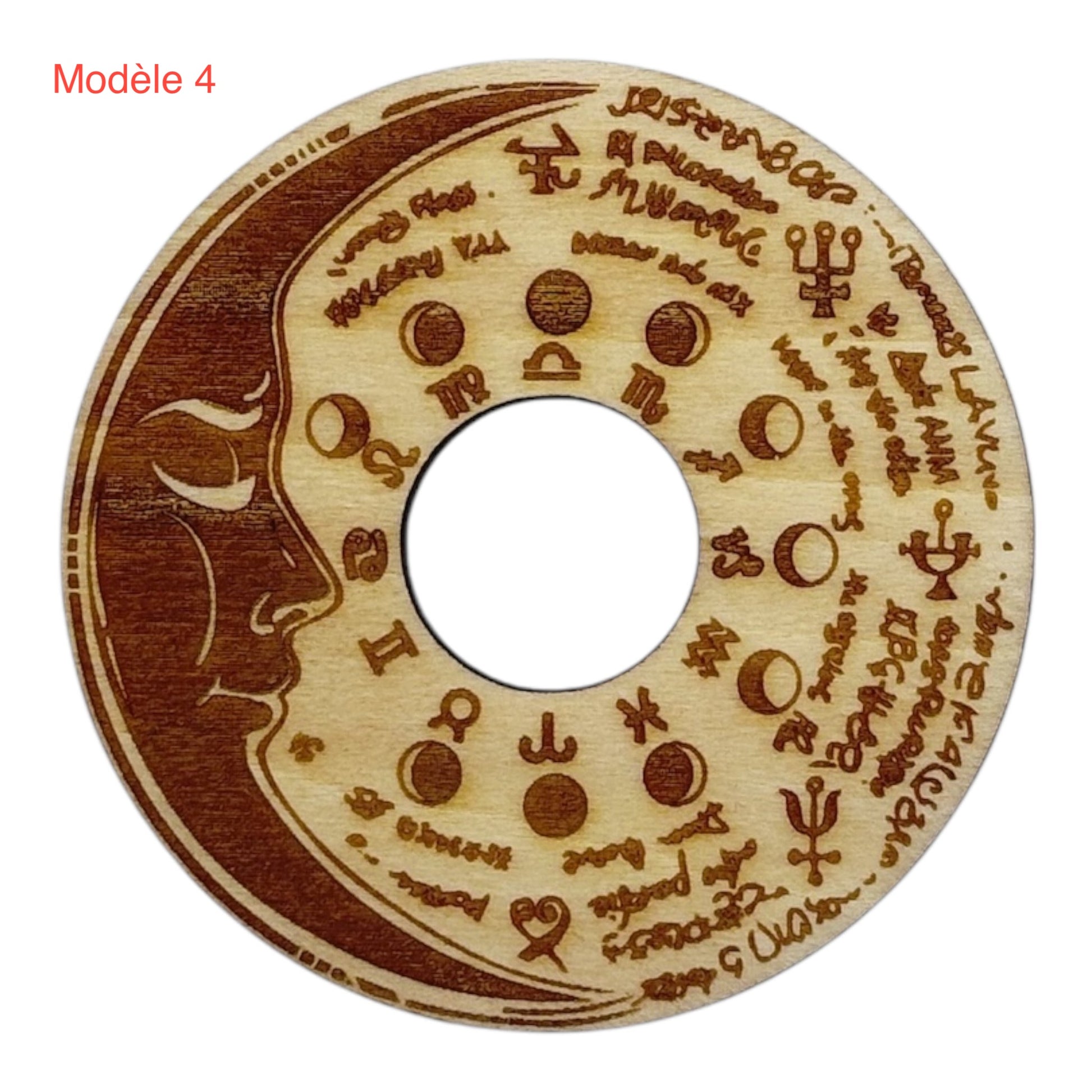Support à pierre en bois avec phases de la lunes et signes du zodiaque, fabrication française et artisanale d'inspiration zen et bien-être , grossiste en lithothérapie et ésotérisme 