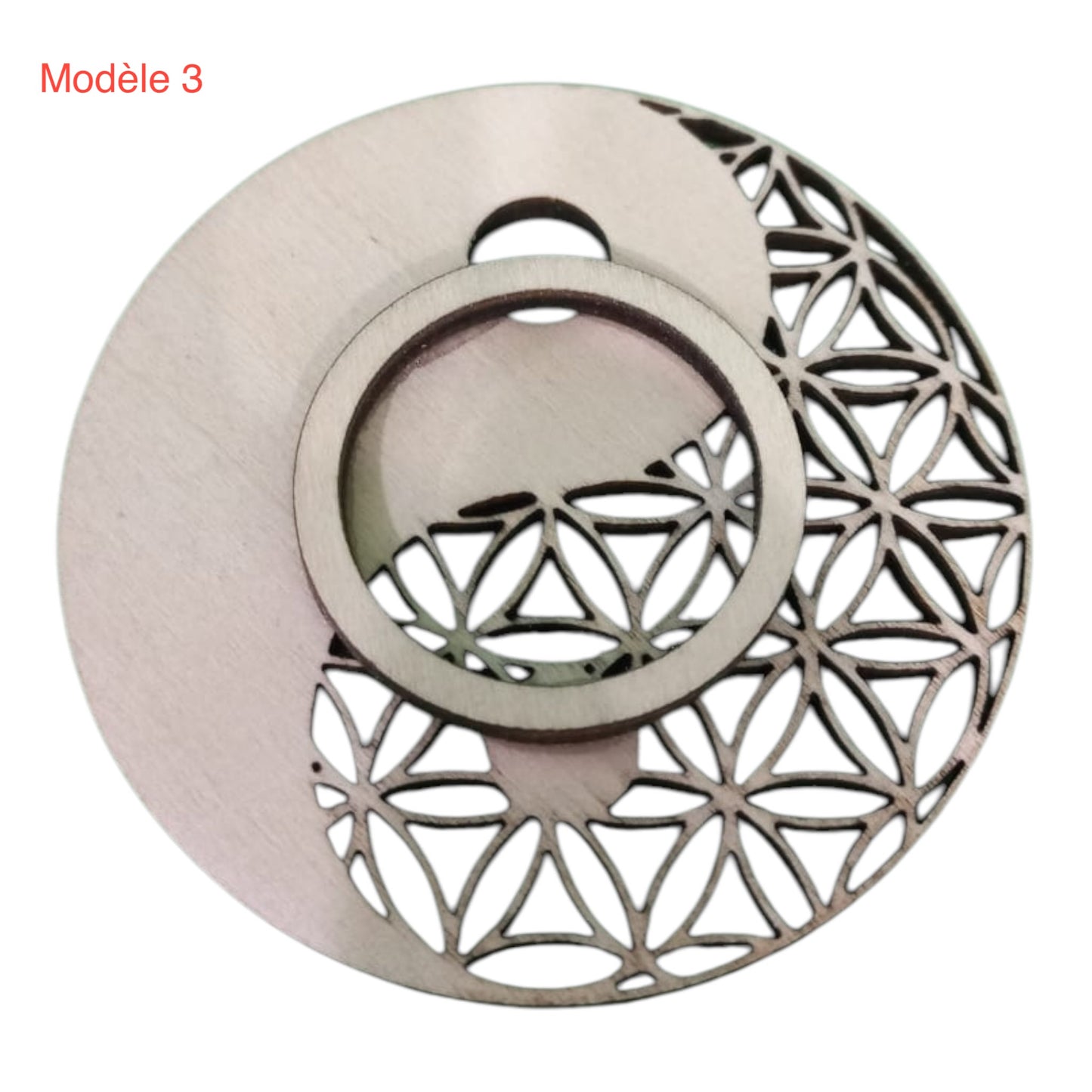 Support à pierre en bois Fleur de vie Yin Yang , grossiste en lithothérapie et ésotérisme fabrication française et artisananle , inspiration bien-être et zen 