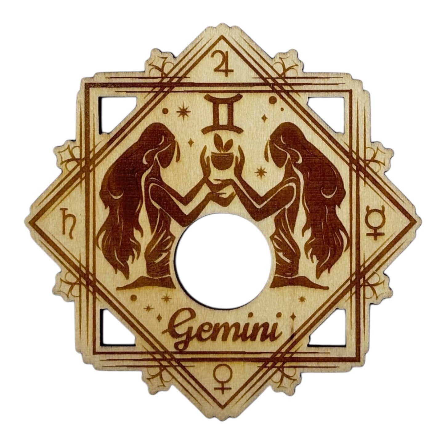 Support à pierre en bois, signe du zodiaque Gémeau  grossiste en lithothérapie et ésotérisme , fabrication française et artisanale , inspiration zen et bien-être