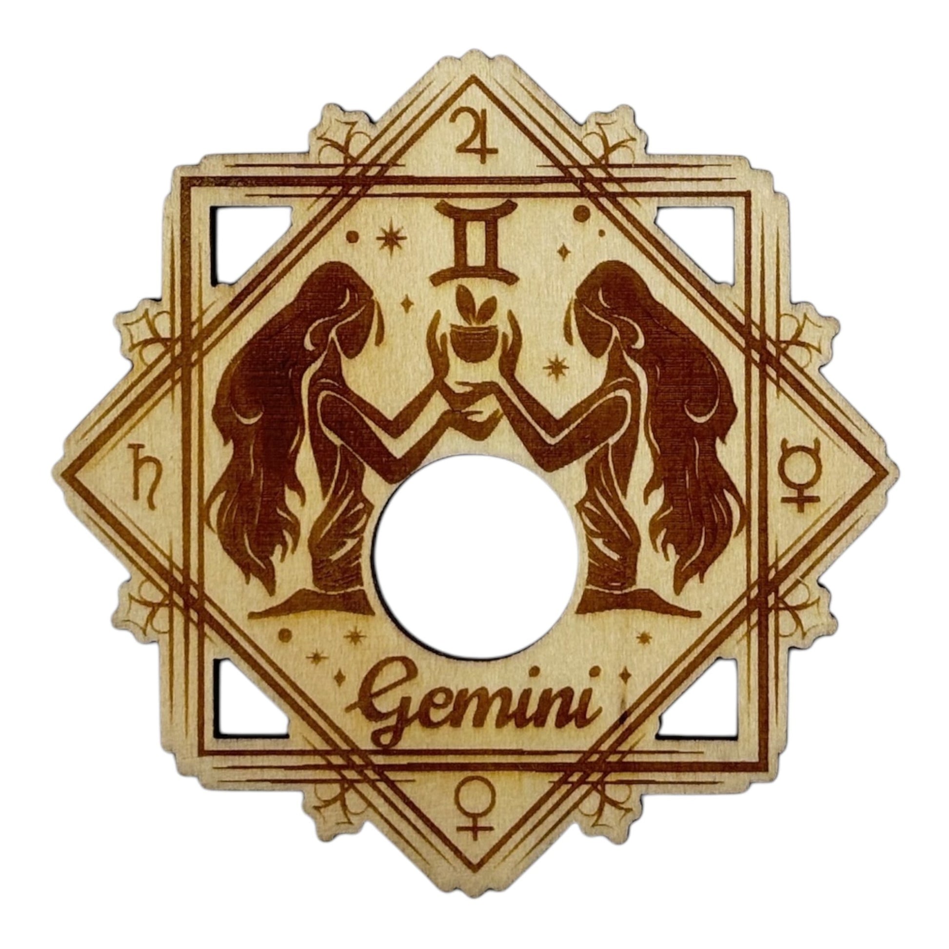 Support à pierre en bois, signe du zodiaque Gémeau  grossiste en lithothérapie et ésotérisme , fabrication française et artisanale , inspiration zen et bien-être